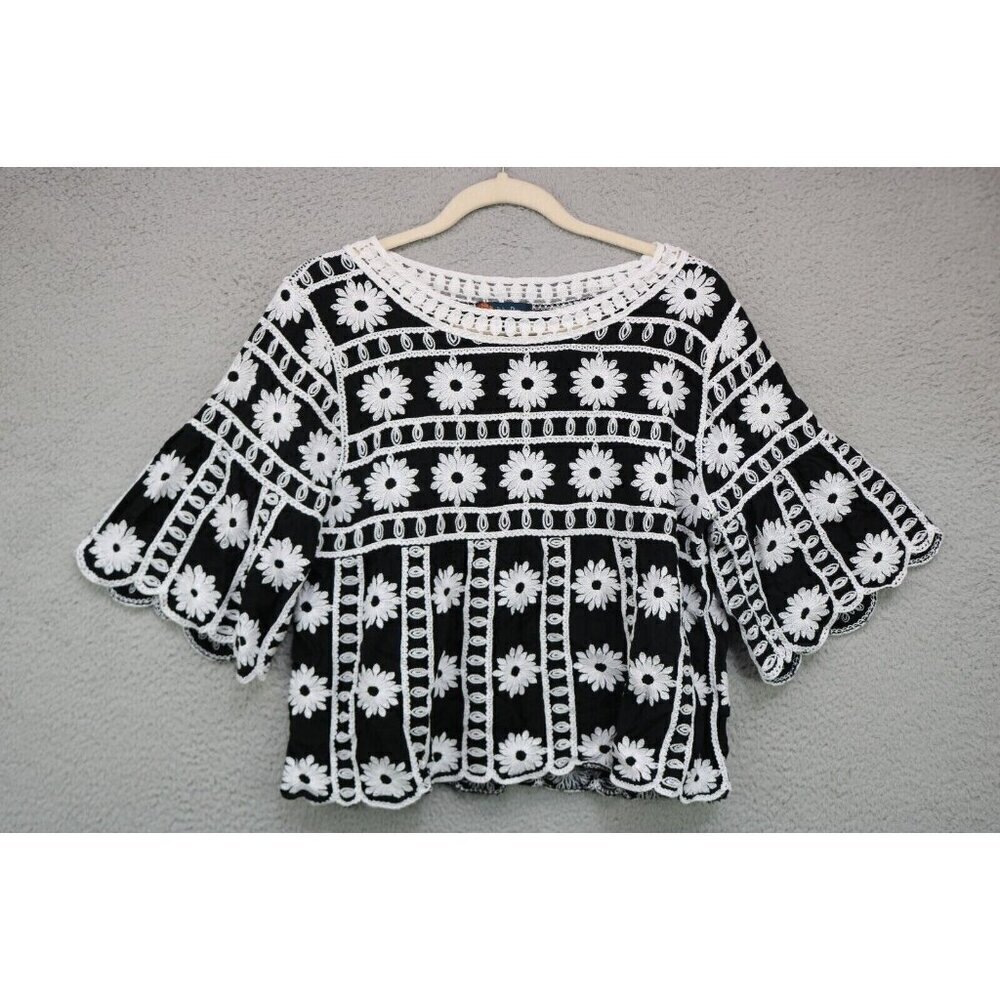 Indigo Poppy 3/4 Belled Sleeves Crochet-Embroidered Cropped Top-Whimsigoth-Large